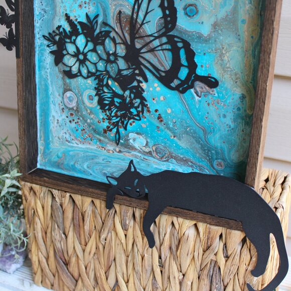 Decorative Wall Art with Cats and Butterfly Acrylic Paint Pour Decorative 10.5" - Picture 2 of 5